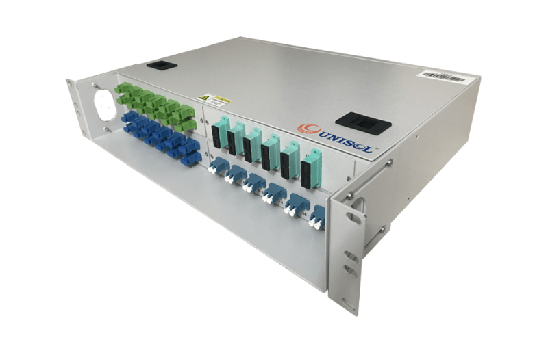 side view of powder coated 48 port rack mount patch panel loaded with sc simplex and duplex adapters and lc duplex adapters
