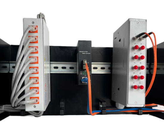 din rail patch panel, media converter, and 12 port din rail fiber patch panel mounted in a 19 inch rack mount din rail chassis panel