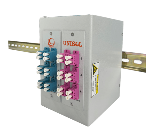 side view of Unisol Micro 12 port din rail fiber patch panel loaded with lc duplex single mode and multi mode om4 adapters