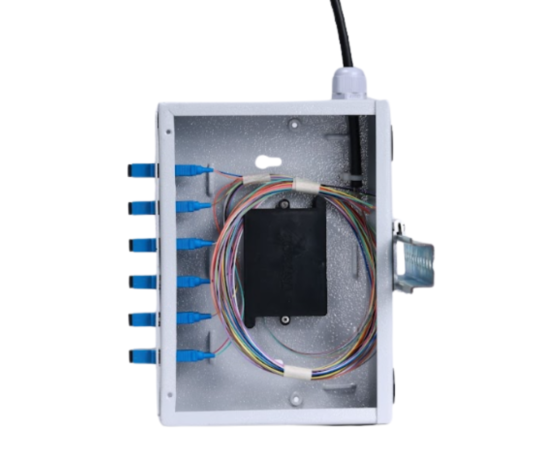 open view of Mini 12 port din rail fiber patch panel loaded with single mode SC duplex adapters and single mode fiber optic pigtails