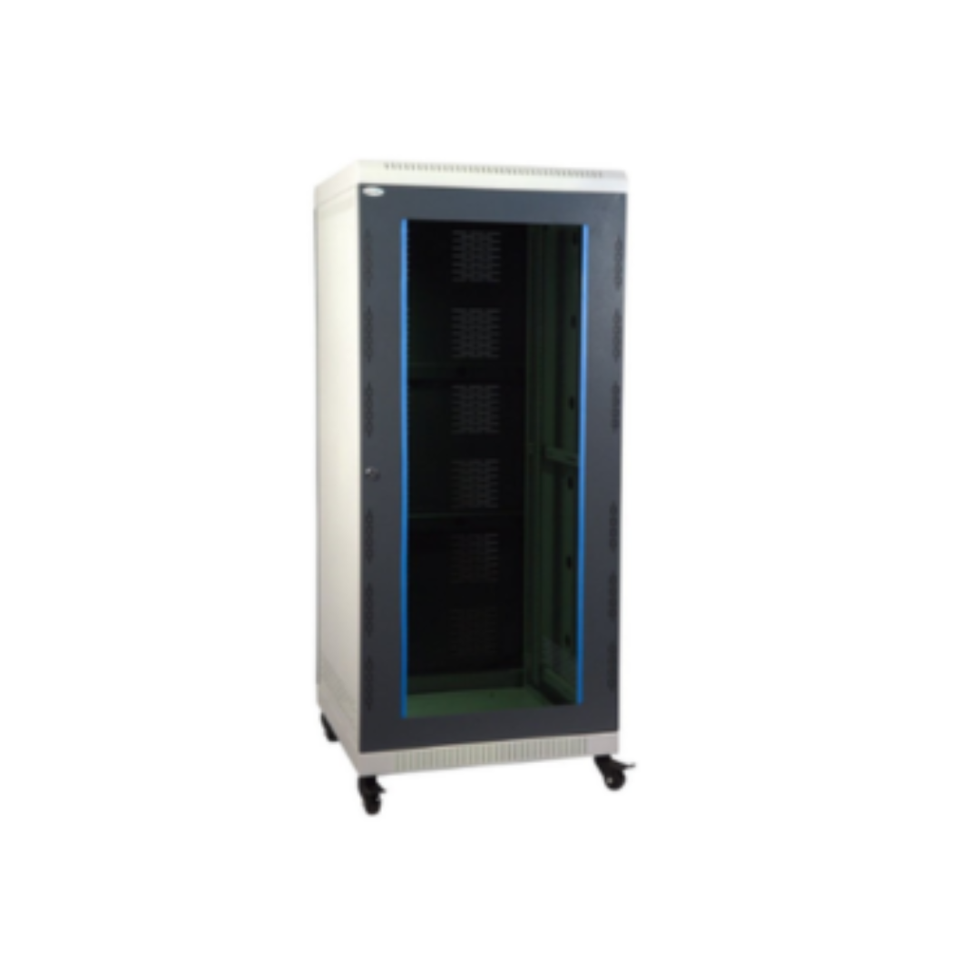 High-quality Unisol server rack with front glass door, lockable design, and caster wheels for secure network equipment installation.