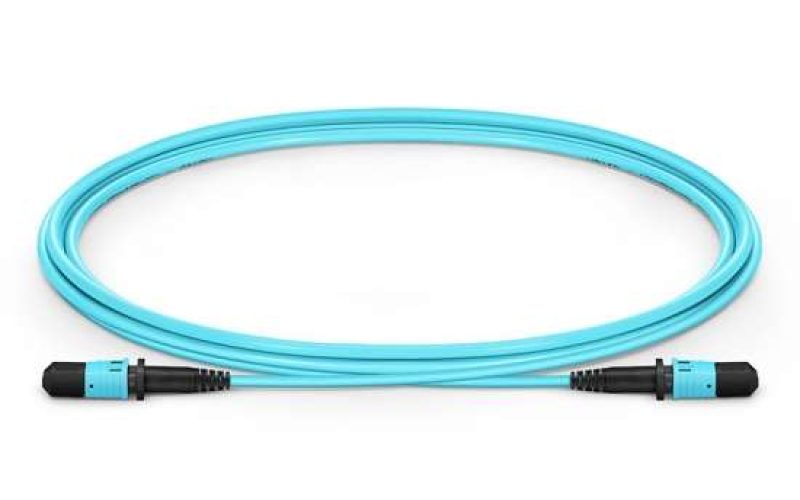 Blue fiber optic MPO cable with MPO connectors on both ends